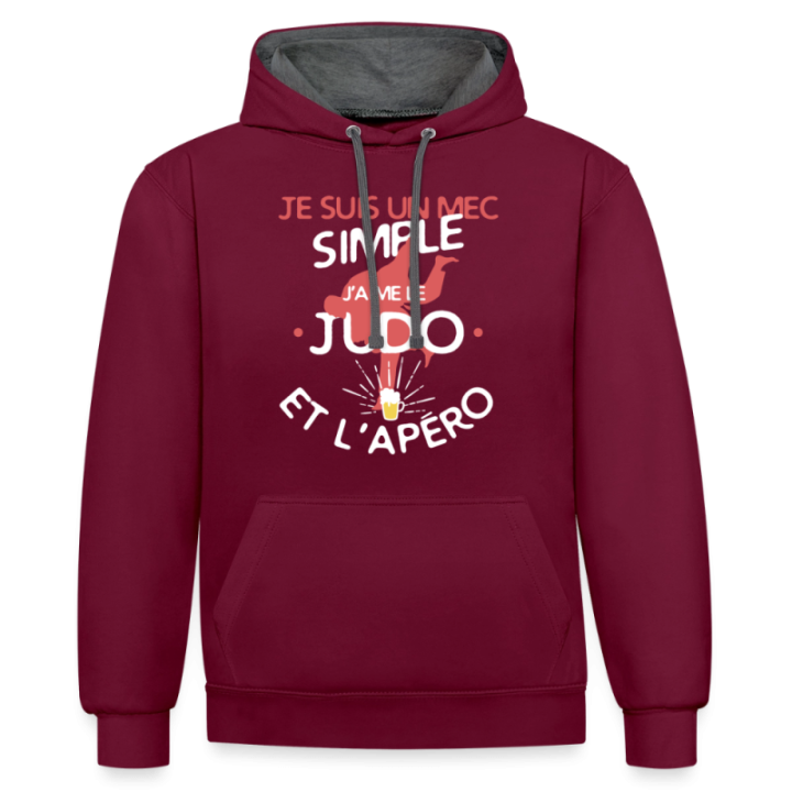Sweat-shirt à capuche contrasté unisexe - Un mec simple: Judo et apéro - bordeaux/anthracite - front