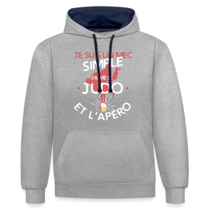 Sweat-shirt à capuche contrasté unisexe - Un mec simple: Judo et apéro - gris chiné/bleu marine - front
