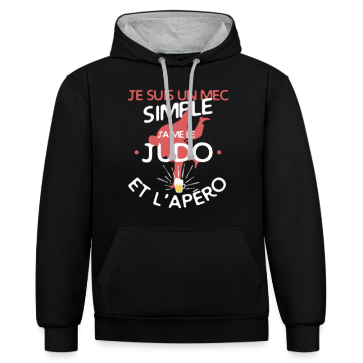 Sweat-shirt à capuche contrasté unisexe - Un mec simple: Judo et apéro - noir/gris chiné - front