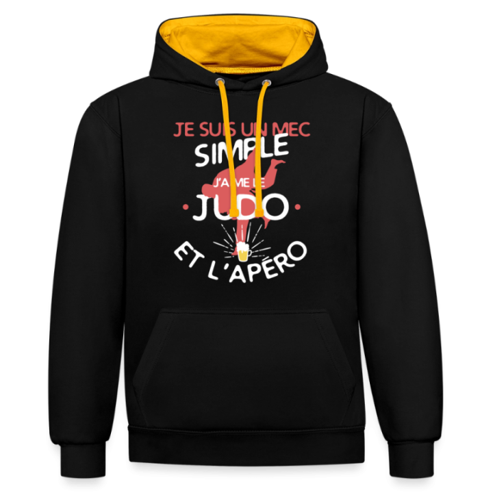 Sweat-shirt à capuche contrasté unisexe - Un mec simple: Judo et apéro - noir/or - front