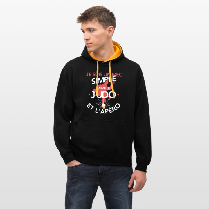Sweat-shirt à capuche contrasté unisexe - Un mec simple: Judo et apéro - noir/or - front