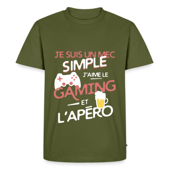 T-shirt premium homme - Un mec simple: Gaming et apéro - kaki - front