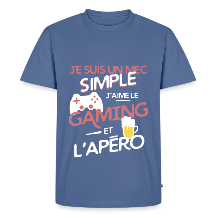 T-shirt premium homme - Un mec simple: Gaming et apéro - bleu pigeon - front
