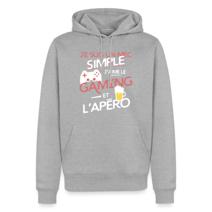 Sweat-shirt à capuche premium homme - Un mec simple: Gaming et apéro - gris chiné - front