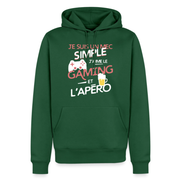 Sweat-shirt à capuche premium homme - Un mec simple: Gaming et apéro - vert bouteille - front