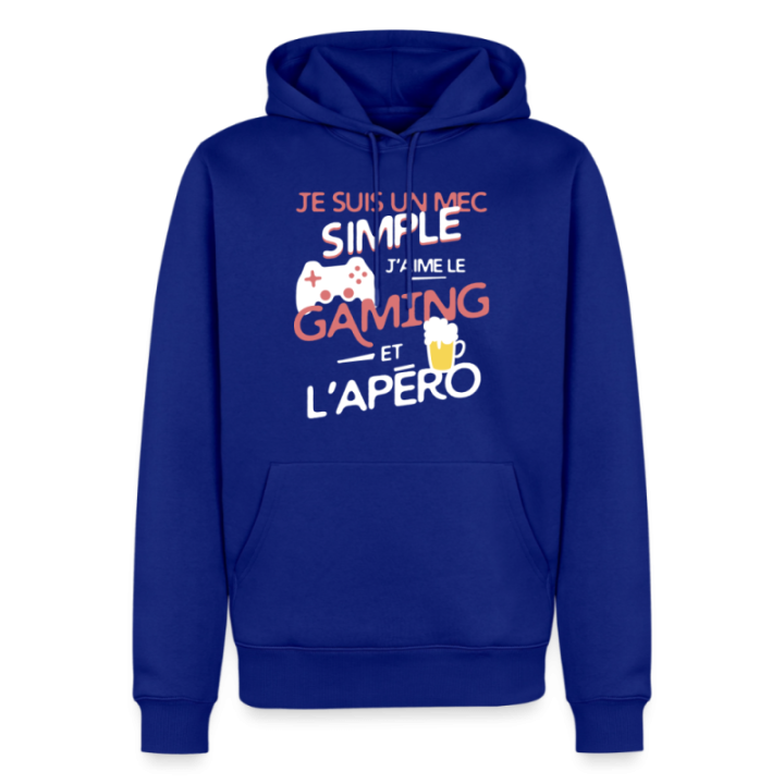 Sweat-shirt à capuche premium homme - Un mec simple: Gaming et apéro - bleu roi - front