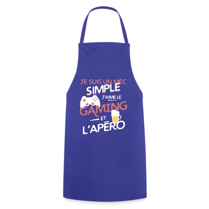 Tablier de cuisine - Un mec simple: Gaming et apéro - bleu royal - front