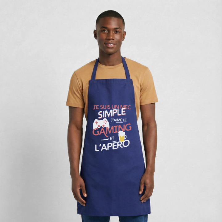 Tablier de cuisine - Un mec simple: Gaming et apéro - bleu royal - front