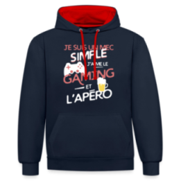 Sweat-shirt à capuche contrasté unisexe - Un mec simple: Gaming et apéro - bleu marine/rouge - front