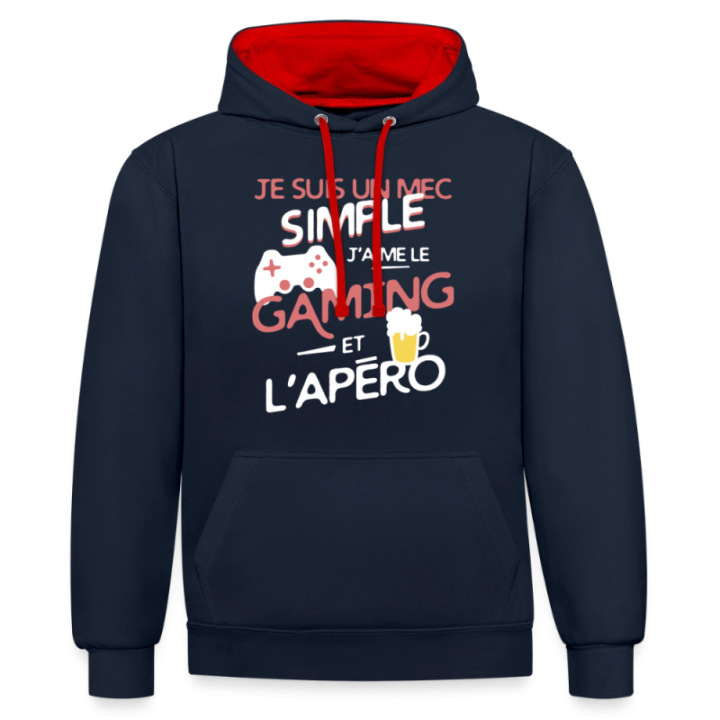 Sweat-shirt à capuche contrasté unisexe - Un mec simple: Gaming et apéro - bleu marine/rouge - front