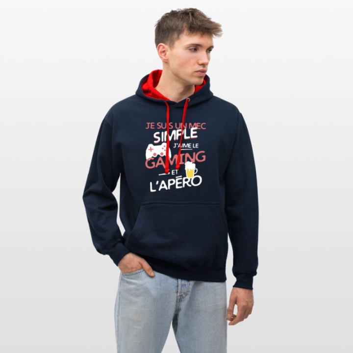 Sweat-shirt à capuche contrasté unisexe - Un mec simple: Gaming et apéro - bleu marine/rouge - front