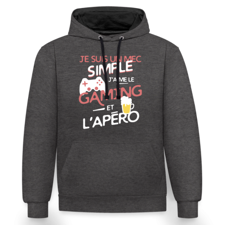 Sweat-shirt à capuche contrasté unisexe - Un mec simple: Gaming et apéro - anthracite/noir - front