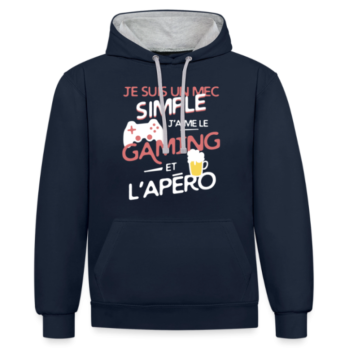 Sweat-shirt à capuche contrasté unisexe - Un mec simple: Gaming et apéro - bleu marine/gris chiné - front