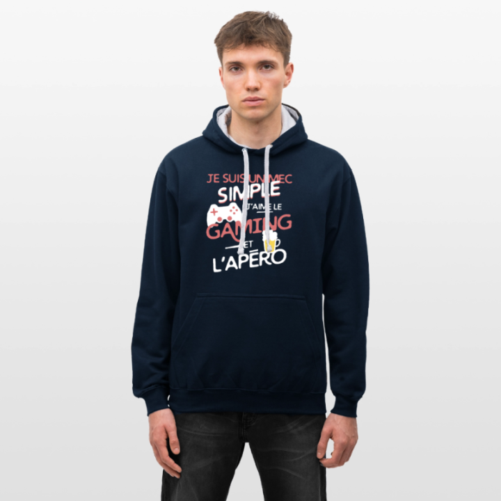 Sweat-shirt à capuche contrasté unisexe - Un mec simple: Gaming et apéro - bleu marine/gris chiné - front