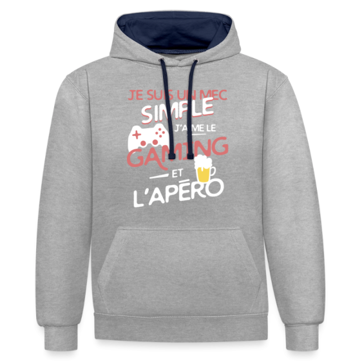 Sweat-shirt à capuche contrasté unisexe - Un mec simple: Gaming et apéro - gris chiné/bleu marine - front