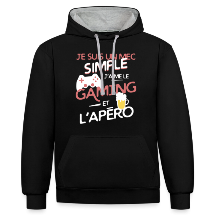 Sweat-shirt à capuche contrasté unisexe - Un mec simple: Gaming et apéro - noir/gris chiné - front