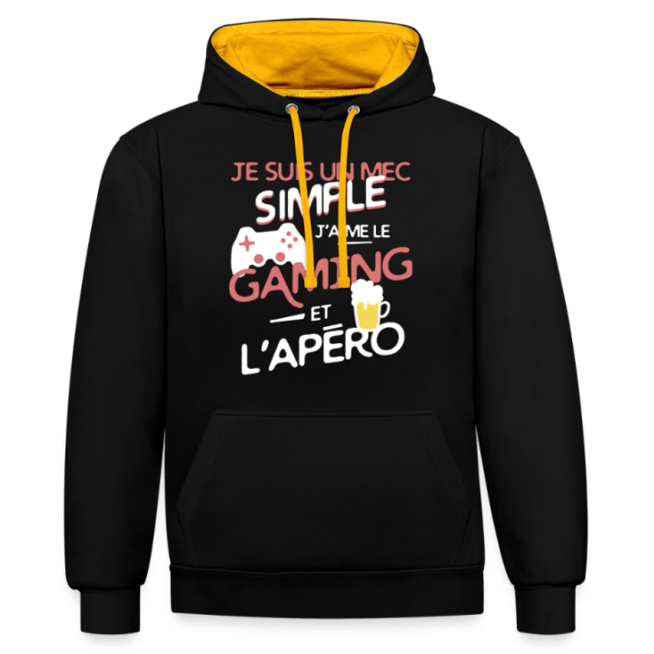 Sweat-shirt à capuche contrasté unisexe - Un mec simple: Gaming et apéro - noir/or - front