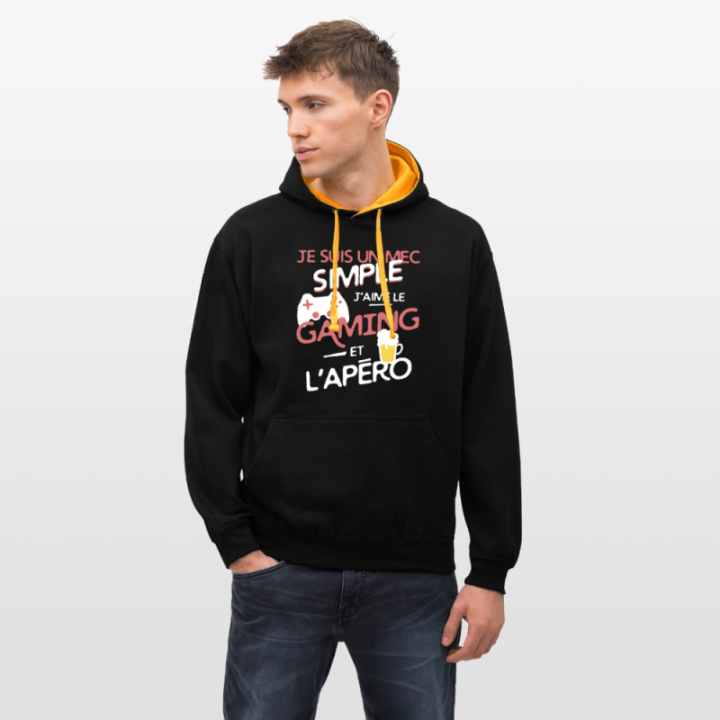 Sweat-shirt à capuche contrasté unisexe - Un mec simple: Gaming et apéro - noir/or - front