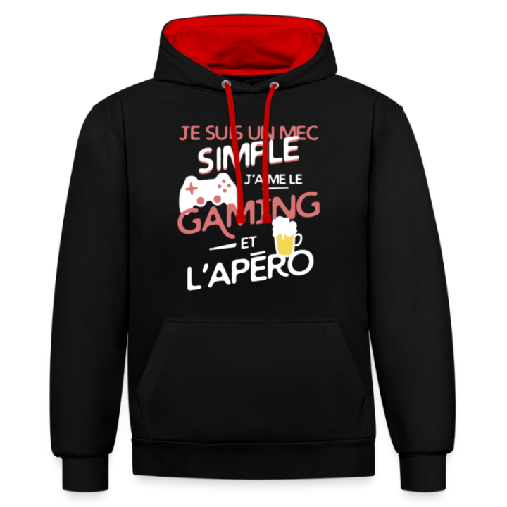 Sweat-shirt à capuche contrasté unisexe - Un mec simple: Gaming et apéro - noir/rouge - front