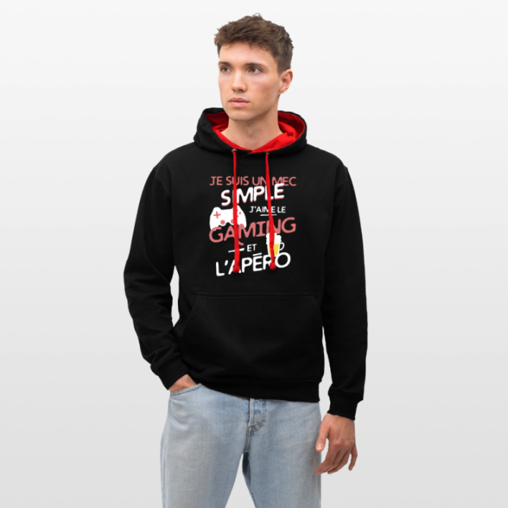 Sweat-shirt à capuche contrasté unisexe - Un mec simple: Gaming et apéro - noir/rouge - front