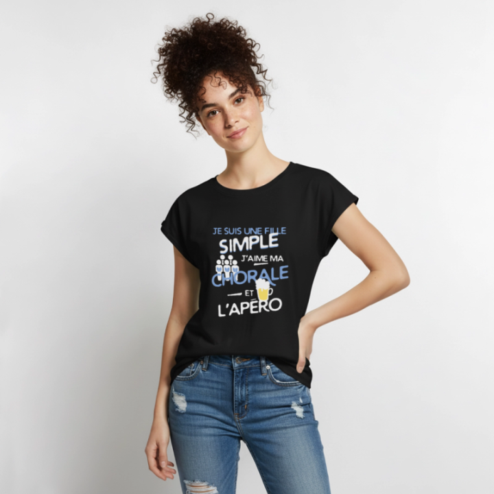 T-shirt à manches retroussées femme - Une fille simple: Chorale et apéro - noir - front