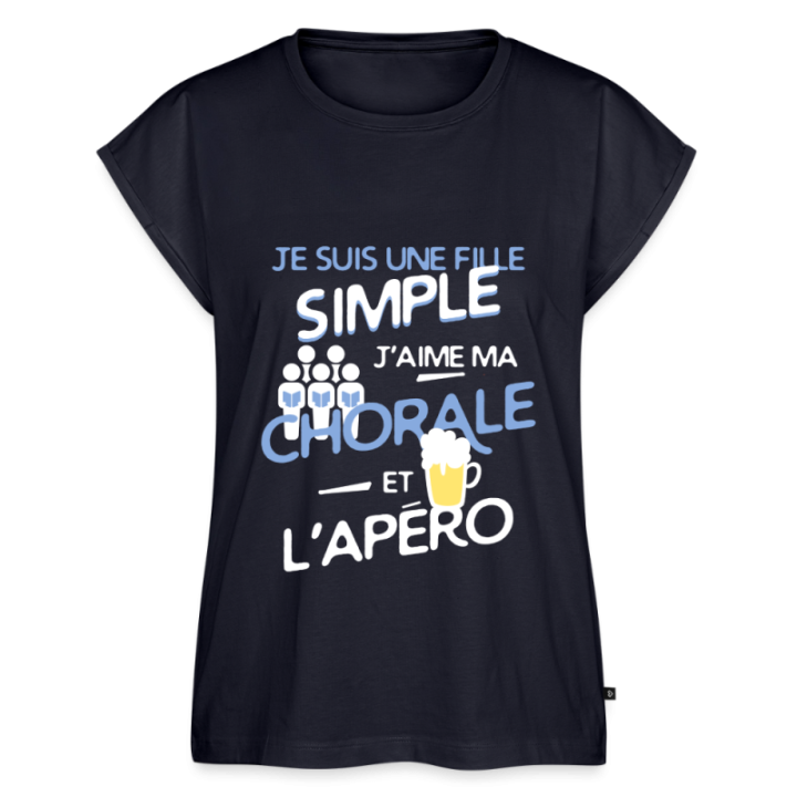 T-shirt à manches retroussées femme - Une fille simple: Chorale et apéro - bleu marine - front
