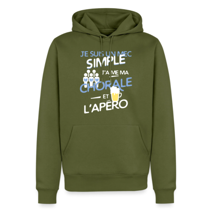 Sweat-shirt à capuche premium homme - Un mec simple: Chorale et apéro - kaki - front