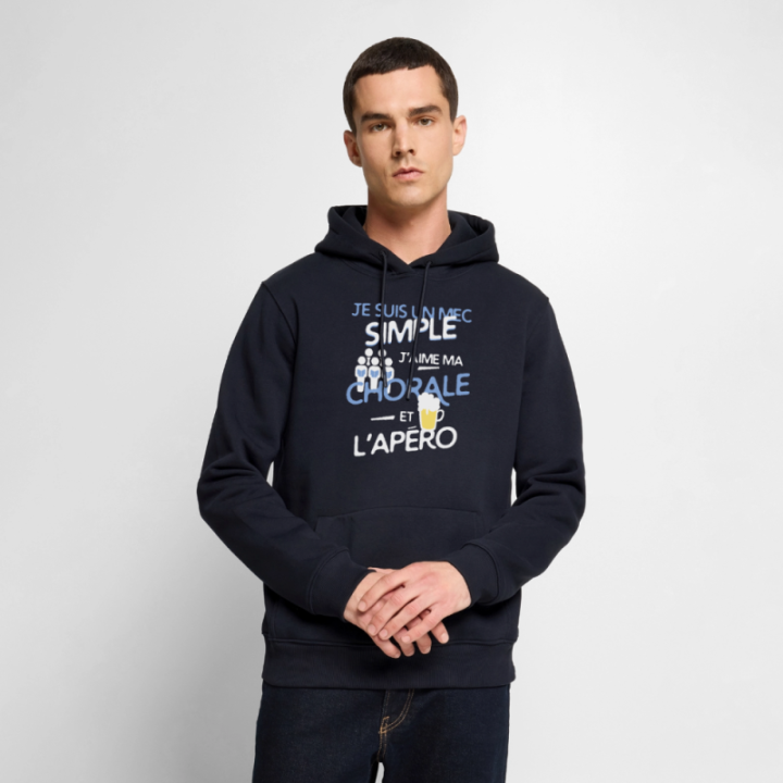 Sweat-shirt à capuche premium homme - Un mec simple: Chorale et apéro - bleu marine - front