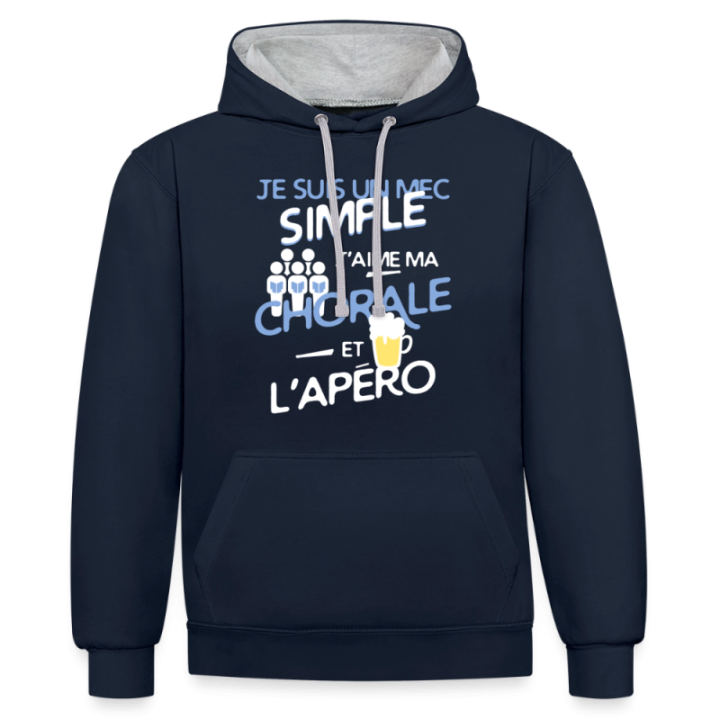 Sweat-shirt à capuche contrasté unisexe - Un mec simple: Chorale et apéro - bleu marine/gris chiné - front