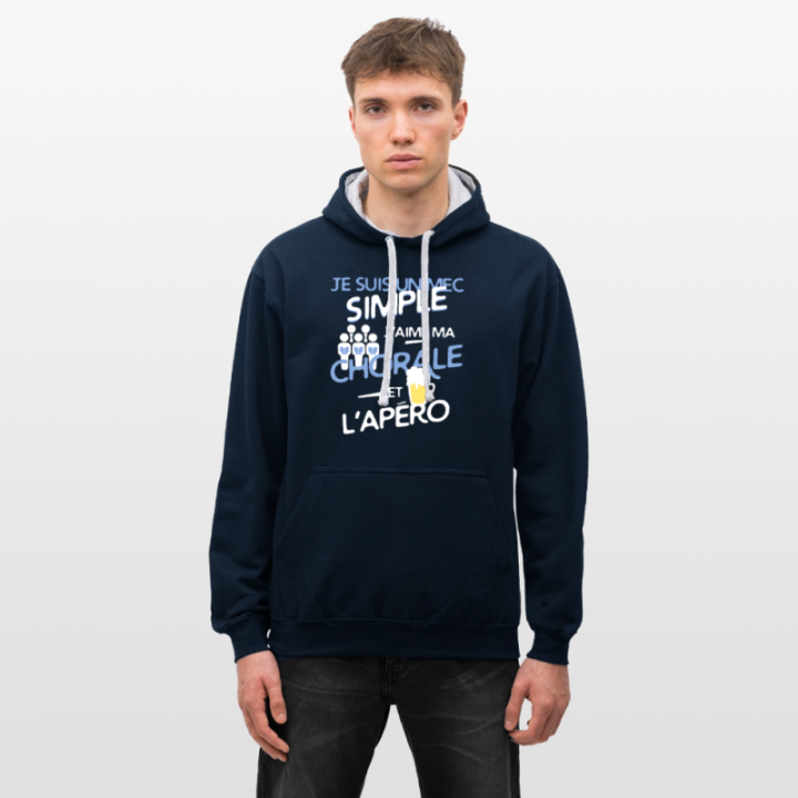 Sweat-shirt à capuche contrasté unisexe - Un mec simple: Chorale et apéro - bleu marine/gris chiné - front