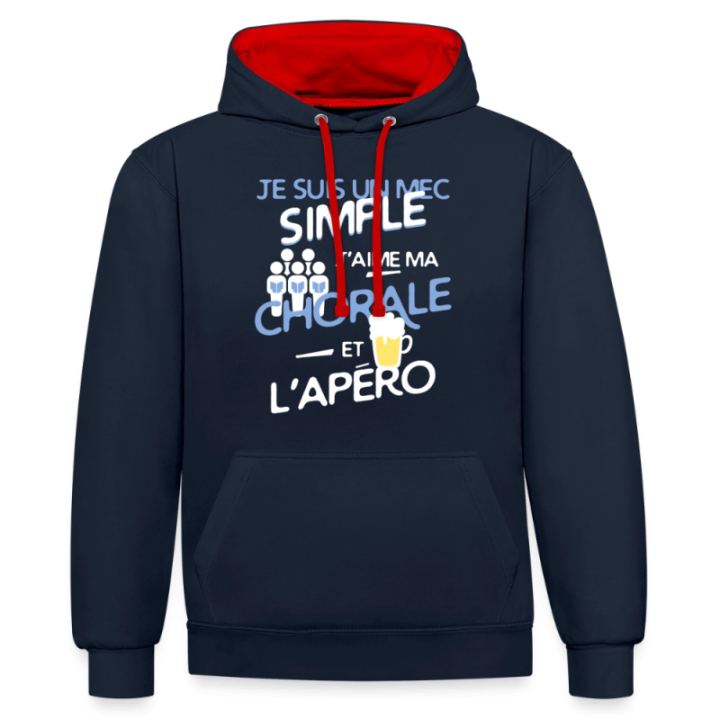 Sweat-shirt à capuche contrasté unisexe - Un mec simple: Chorale et apéro - bleu marine/rouge - front