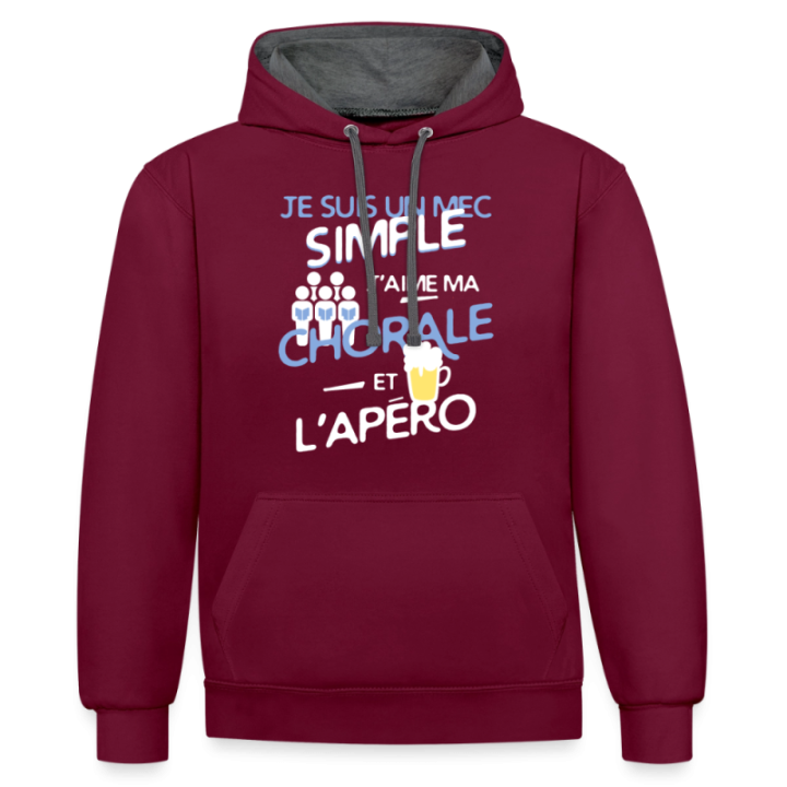 Sweat-shirt à capuche contrasté unisexe - Un mec simple: Chorale et apéro - bordeaux/anthracite - front