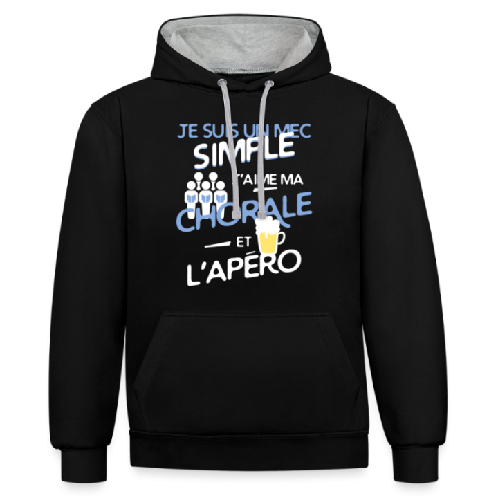 Sweat-shirt à capuche contrasté unisexe - Un mec simple: Chorale et apéro - noir/gris chiné - front
