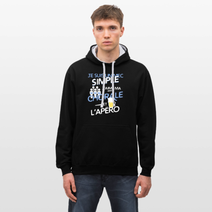 Sweat-shirt à capuche contrasté unisexe - Un mec simple: Chorale et apéro - noir/gris chiné - front