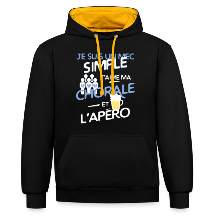Sweat-shirt à capuche contrasté unisexe - Un mec simple: Chorale et apéro - noir/or - front