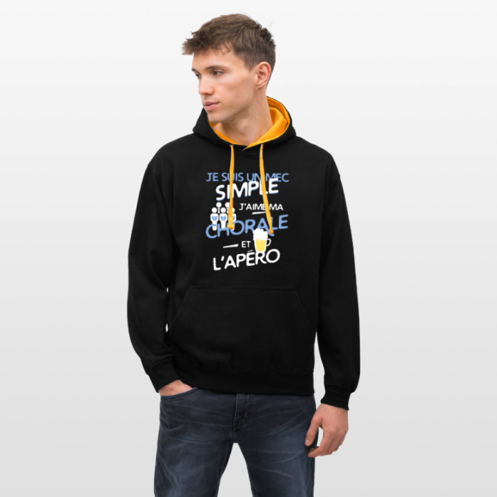 Sweat-shirt à capuche contrasté unisexe - Un mec simple: Chorale et apéro - noir/or - front
