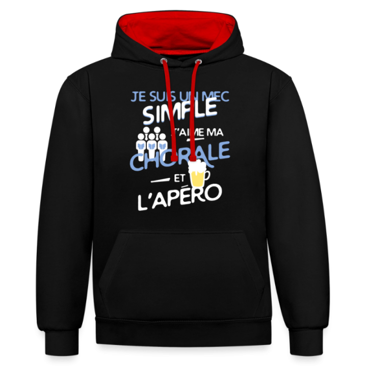 Sweat-shirt à capuche contrasté unisexe - Un mec simple: Chorale et apéro - noir/rouge - front