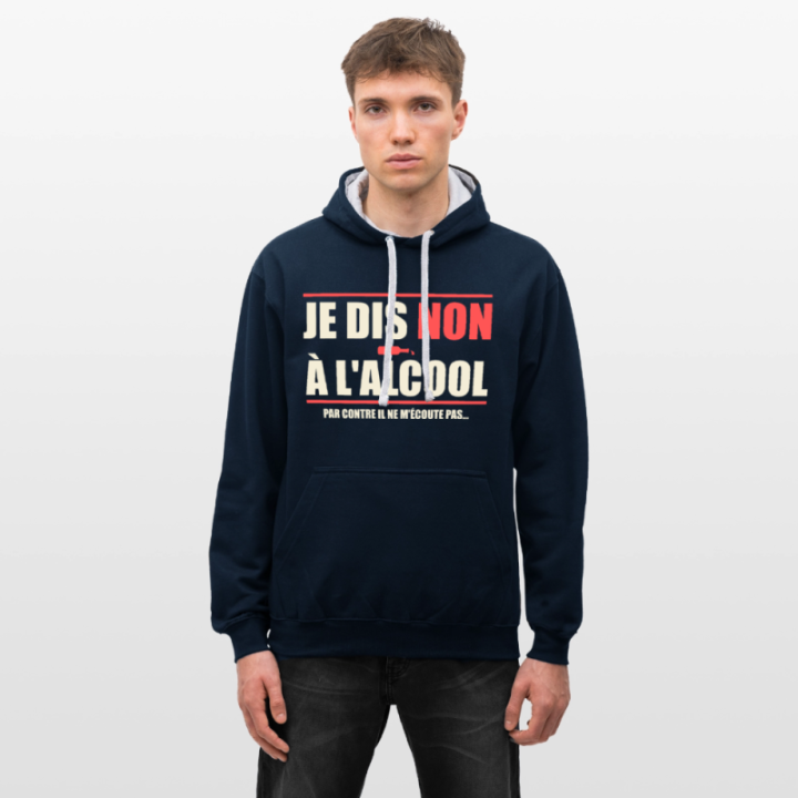 Sweat-shirt à capuche contrasté unisexe - Je dis non à l'alcool - bleu marine/gris chiné - front