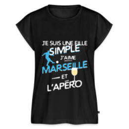T-shirt à manches retroussées femme - Une fille simple: Marseille et apéro - noir - front