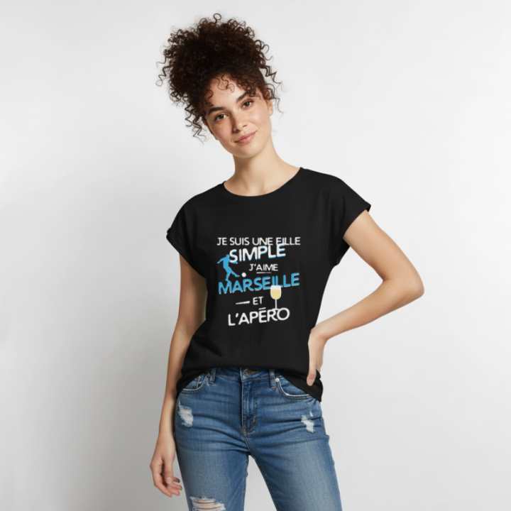 T-shirt à manches retroussées femme - Une fille simple: Marseille et apéro - noir - front