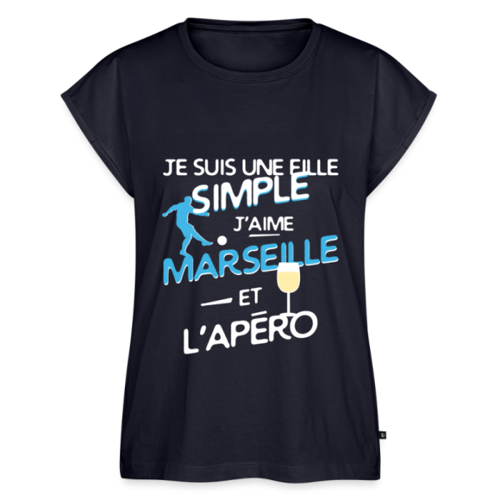 T-shirt à manches retroussées femme - Une fille simple: Marseille et apéro - bleu marine - front