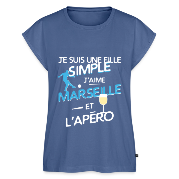 T-shirt à manches retroussées femme - Une fille simple: Marseille et apéro - bleu pigeon - front