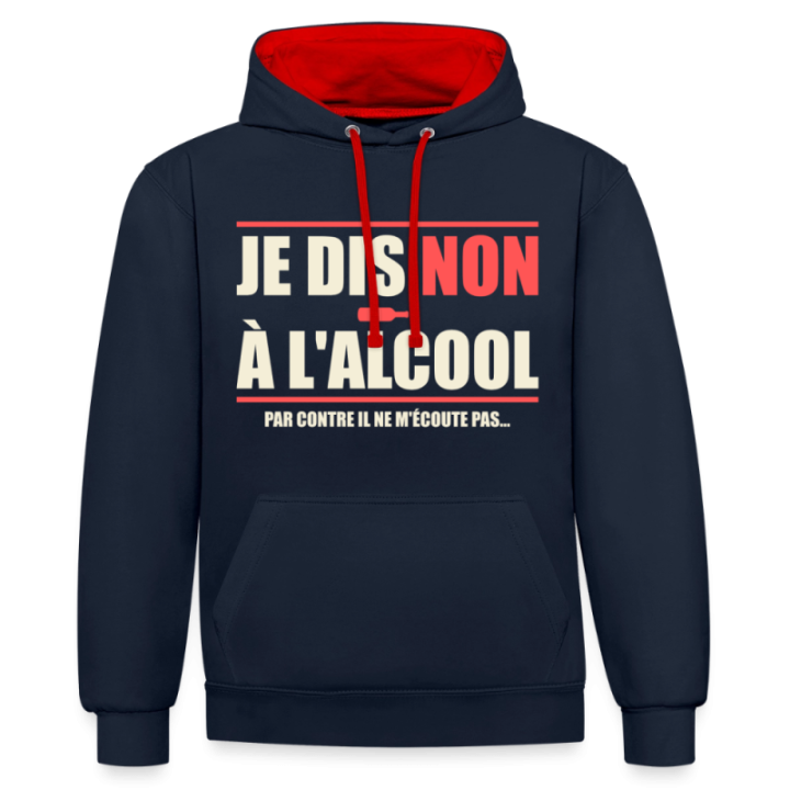 Sweat-shirt à capuche contrasté unisexe - Je dis non à l'alcool - bleu marine/rouge - front