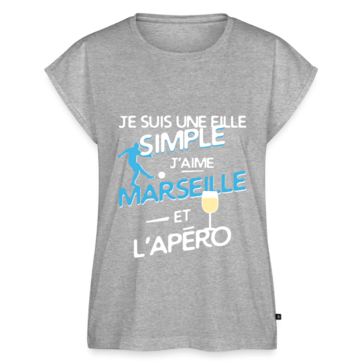 T-shirt à manches retroussées femme - Une fille simple: Marseille et apéro - gris chiné - front