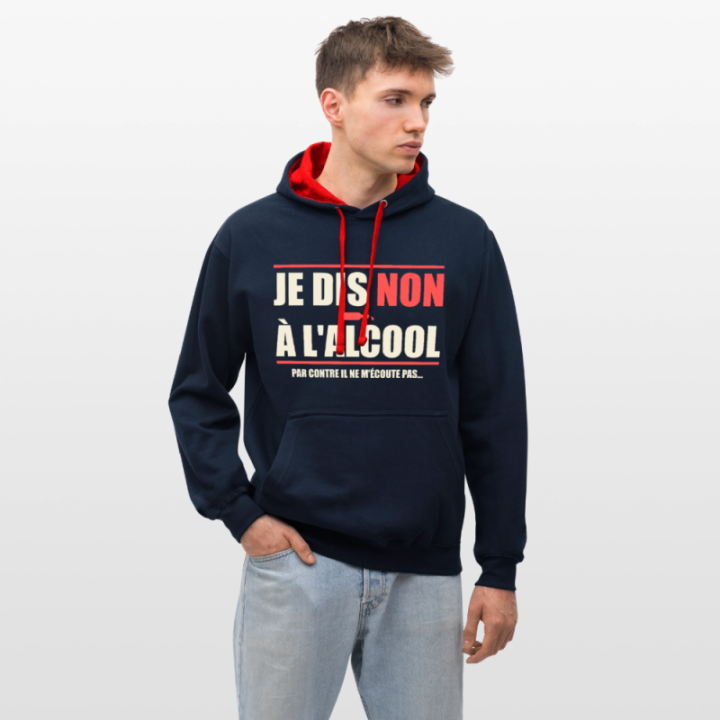 Sweat-shirt à capuche contrasté unisexe - Je dis non à l'alcool - bleu marine/rouge - front