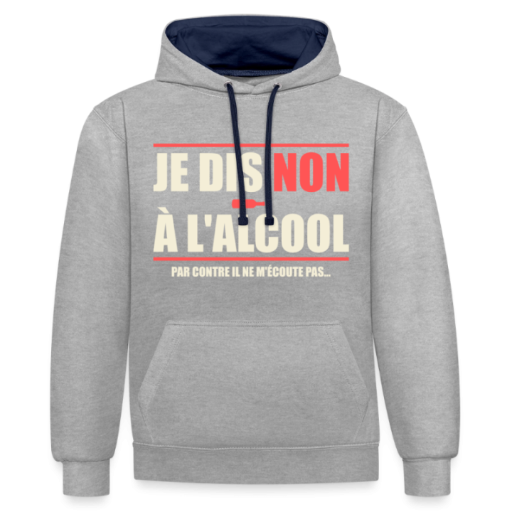Sweat-shirt à capuche contrasté unisexe - Je dis non à l'alcool - gris chiné/bleu marine - front