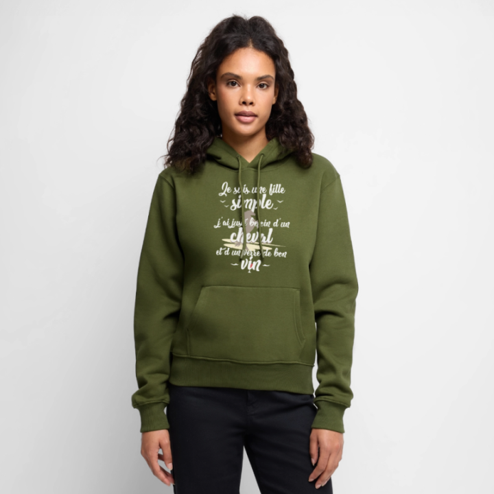 Sweat-shirt à capuche premium femme - Juste besoin d'un cheval et d'un verre de vin - kaki - front