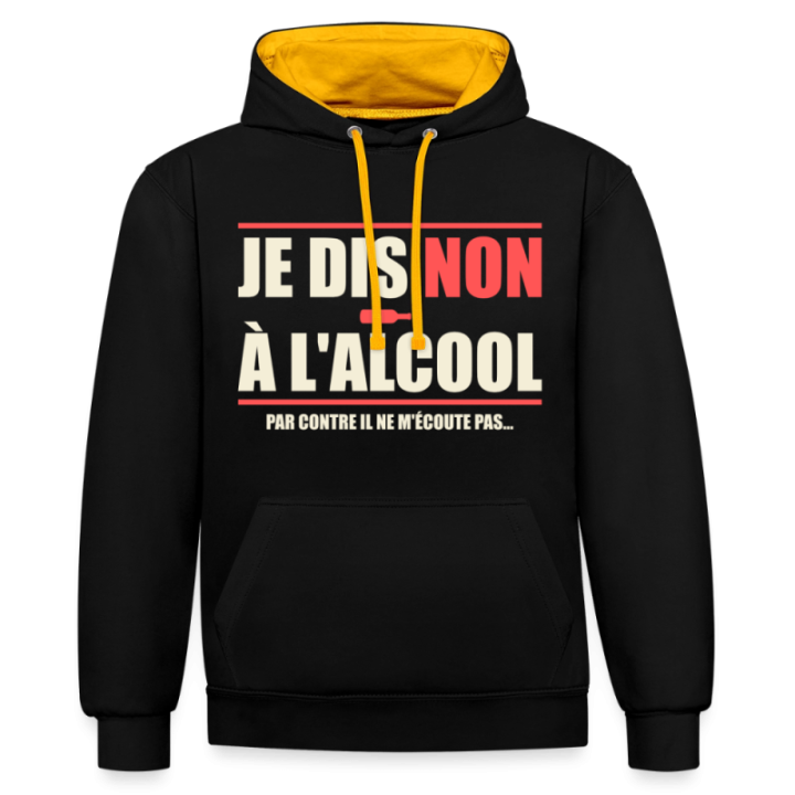 Sweat-shirt à capuche contrasté unisexe - Je dis non à l'alcool - noir/or - front