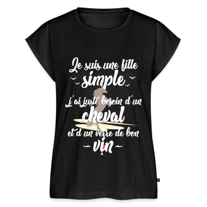 T-shirt à manches retroussées femme - Juste besoin d'un cheval et d'un verre de vin - noir - front