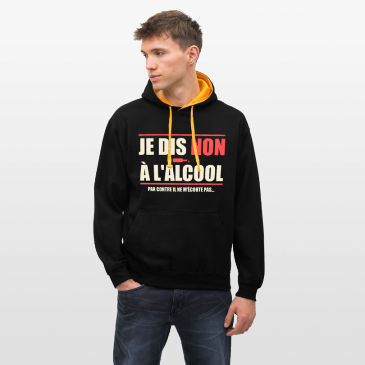 Sweat-shirt à capuche contrasté unisexe - Je dis non à l'alcool - noir/or - front